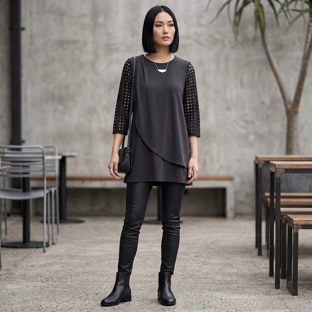 Clara Sunwoo Womens Tunic Top Size S Laser Cut Sleeve Draped Minimal Edgy Black‎
